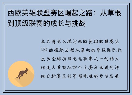 西欧英雄联盟赛区崛起之路:从草根到顶级联赛的成长与挑战